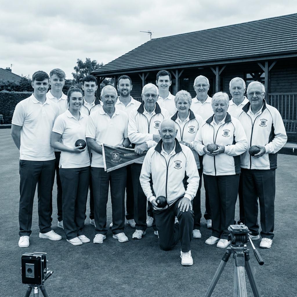 A lawn bowls club team representing several generations